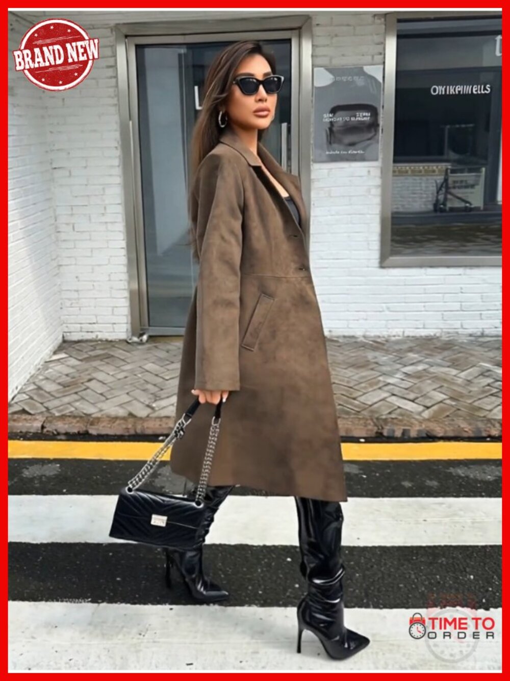 Faux Leather Trench Coat Long Button Open Front Belted Jacket with Pockets - Picture 6 of 6
